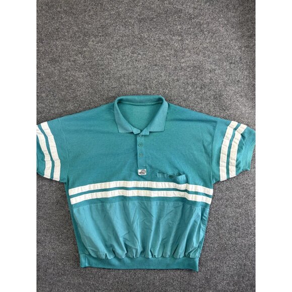 Vintage Huk A-Poo Shirt Mens L Teal White Striped Retro Polo Short Sleeve 80s - Picture 1 of 6